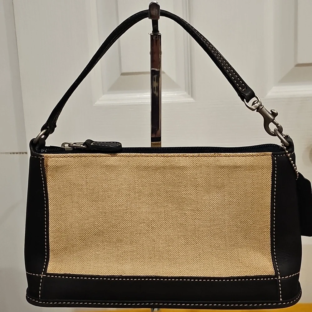 Coach Linen & Navy Leather Vintage Pochette A0C-6115 EUC